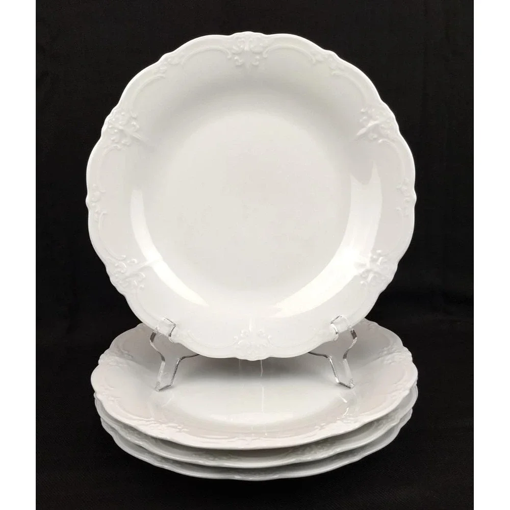 Tirschenreuth Baronesse White Porcelain Dinner Plates Embossed Scroll Set of 4